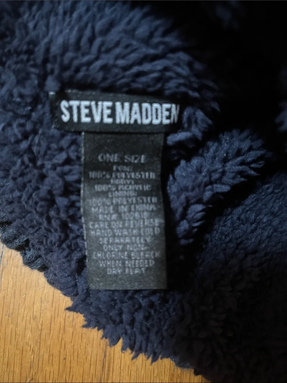 Steve Madden Blue Knit Pom Beanie Hat with Brown Faux Fur Pom OS